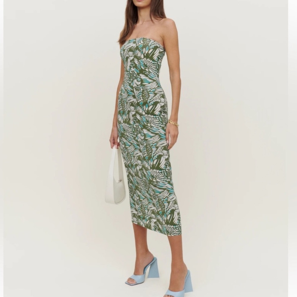 Reformation Green and Blue Strapless Knit Dress M